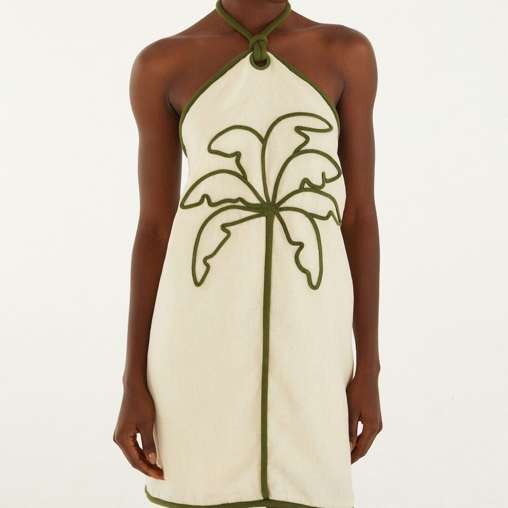 Farm Rio Sand Coconut Embroidery Halter Euroflax Premium Linen Mini Dress NWT